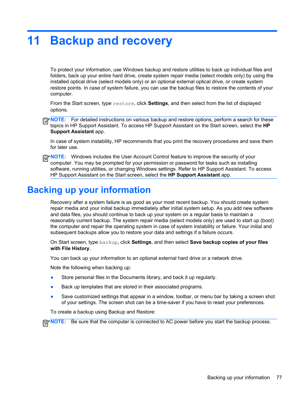 Backup and recovery, Backing up your information, 11 backup and recovery | Backup and | HP ProBook 450 G1 Notebook PC User Manual | Page 87 / 113