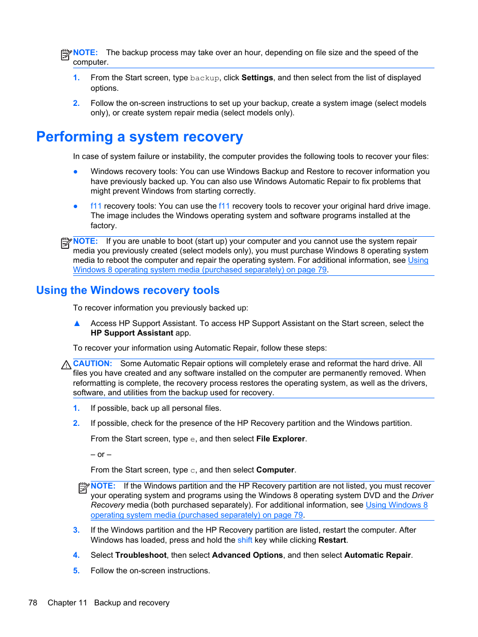 Performing a system recovery, Using the windows recovery tools | HP ProBook 450 G1 Notebook PC User Manual | Page 88 / 113
