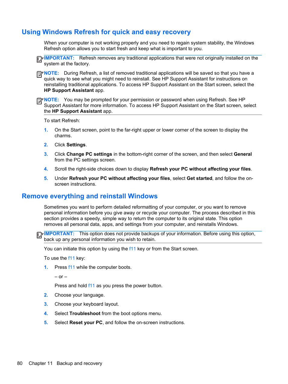 Using windows refresh for quick and easy recovery, Remove everything and reinstall windows | HP ProBook 450 G1 Notebook PC User Manual | Page 90 / 113