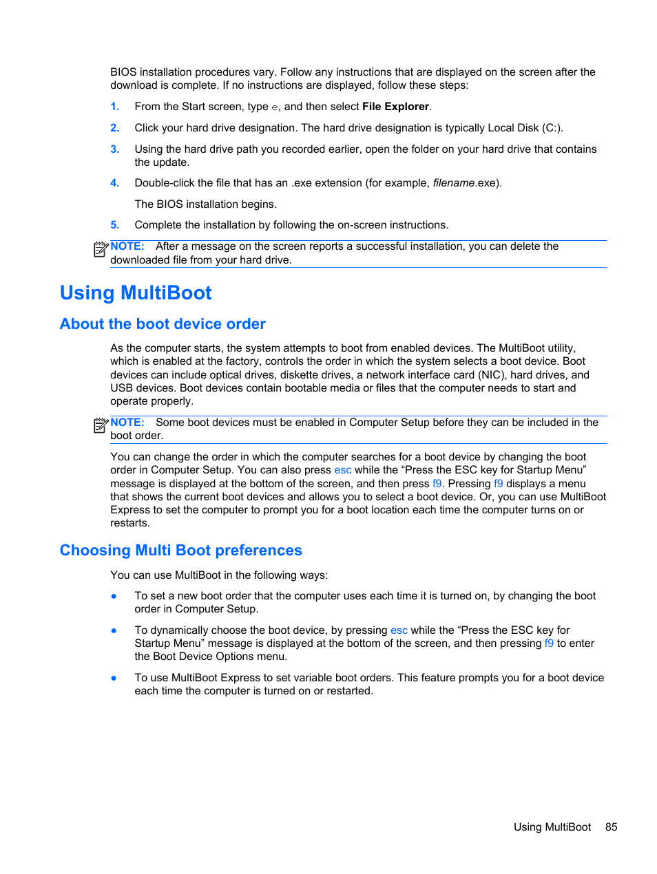 Using multiboot, About the boot device order, Choosing multi boot preferences | HP ProBook 450 G1 Notebook PC User Manual | Page 95 / 113