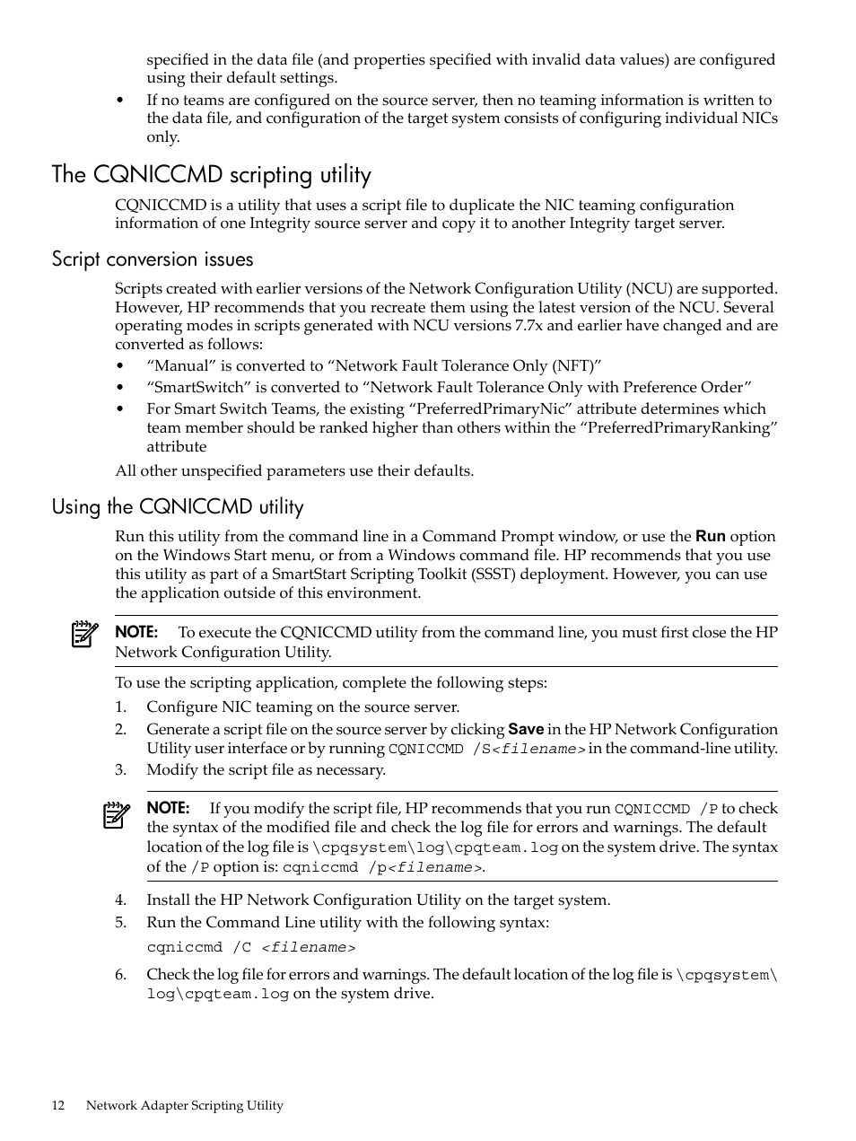 The cqniccmd scripting utility, Script conversion issues, Using the cqniccmd utility | HP Integrity rx3600 Server User Manual | Page 12 / 19