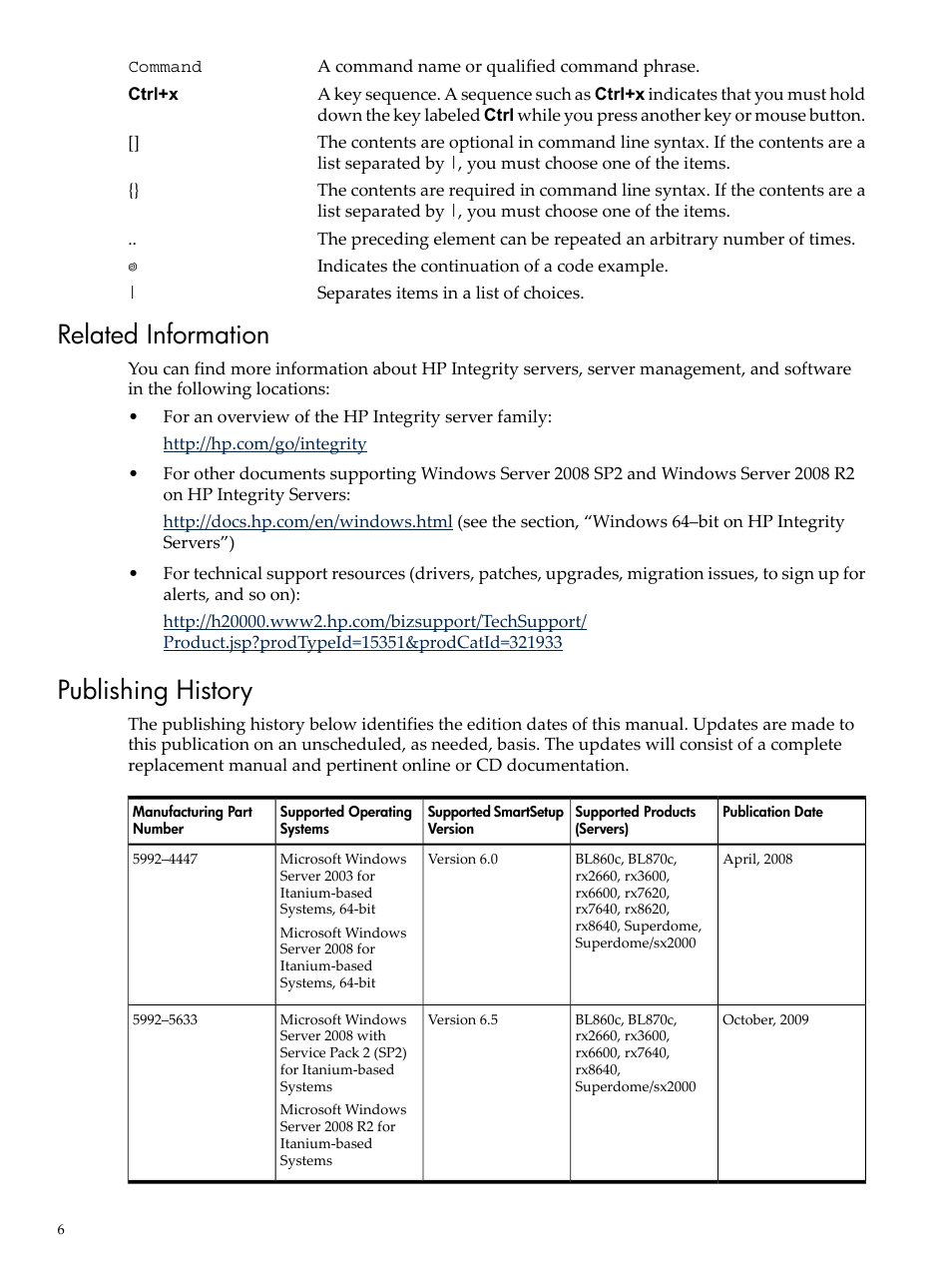 Related information, Publishing history, Related information publishing history | HP Integrity rx3600 Server User Manual | Page 6 / 19