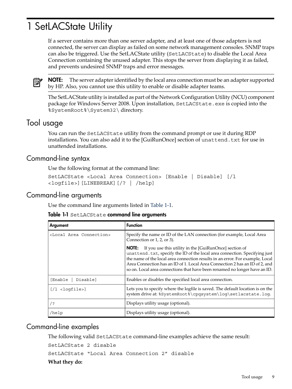 1 setlacstate utility, Tool usage, Command-line syntax | Command-line arguments, Command-line examples, Setlacstate, Command line arguments | HP Integrity rx3600 Server User Manual | Page 9 / 19