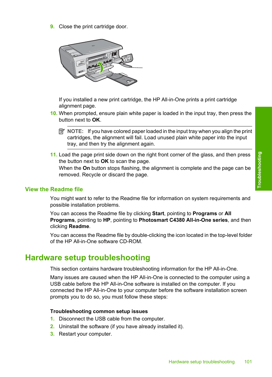 View the readme file, Hardware setup troubleshooting | HP Photosmart C4380 All-in-One Printer User Manual | Page 102 / 179