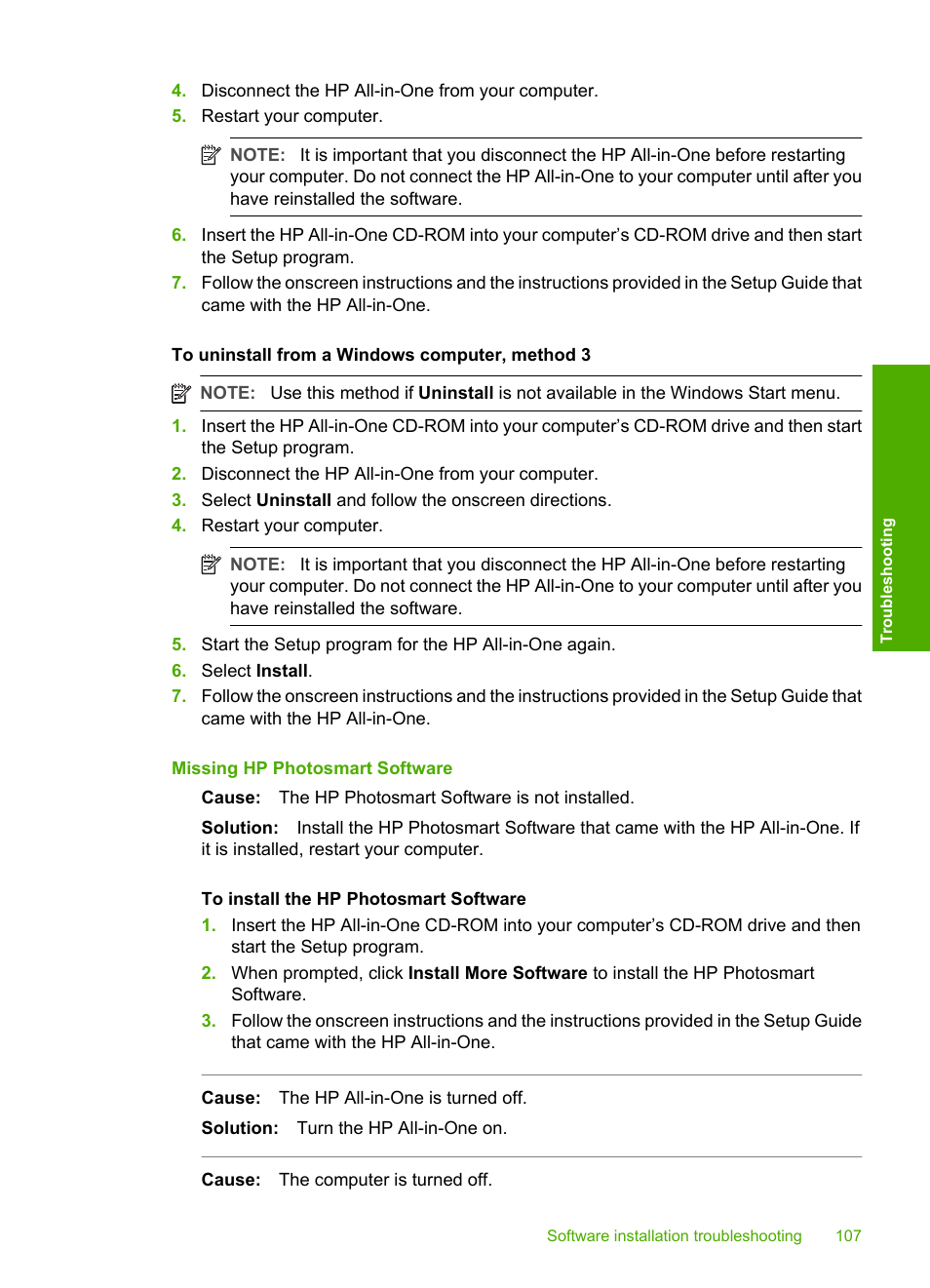 Missing hp photosmart software | HP Photosmart C4380 All-in-One Printer User Manual | Page 108 / 179