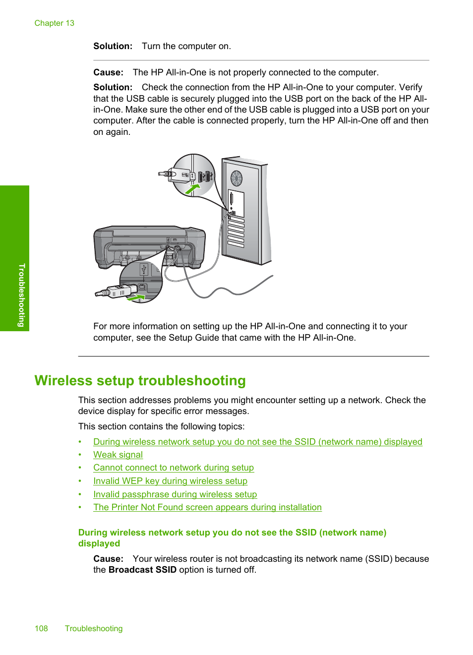 Wireless setup troubleshooting, Wireless setup | HP Photosmart C4380 All-in-One Printer User Manual | Page 109 / 179