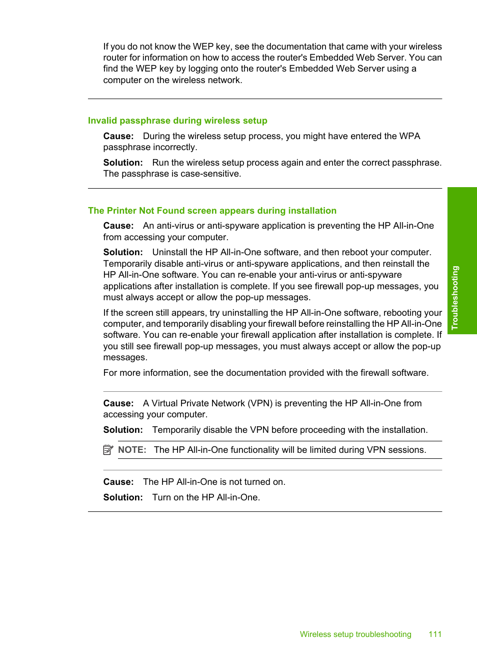 Invalid passphrase during wireless setup | HP Photosmart C4380 All-in-One Printer User Manual | Page 112 / 179