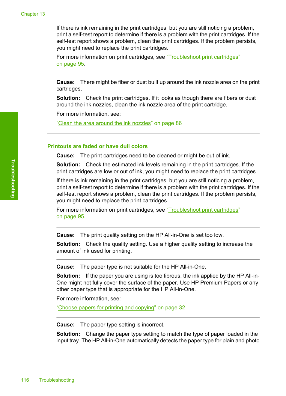 Printouts are faded or have dull colors | HP Photosmart C4380 All-in-One Printer User Manual | Page 117 / 179