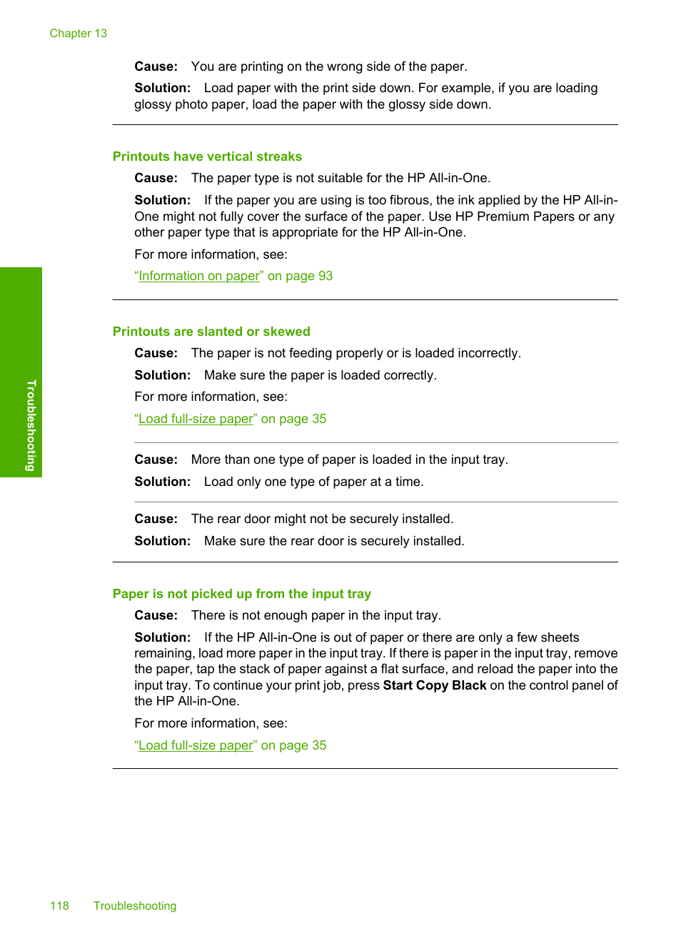 Printouts have vertical streaks, Printouts are slanted or skewed, Paper is not picked up from the input tray | HP Photosmart C4380 All-in-One Printer User Manual | Page 119 / 179