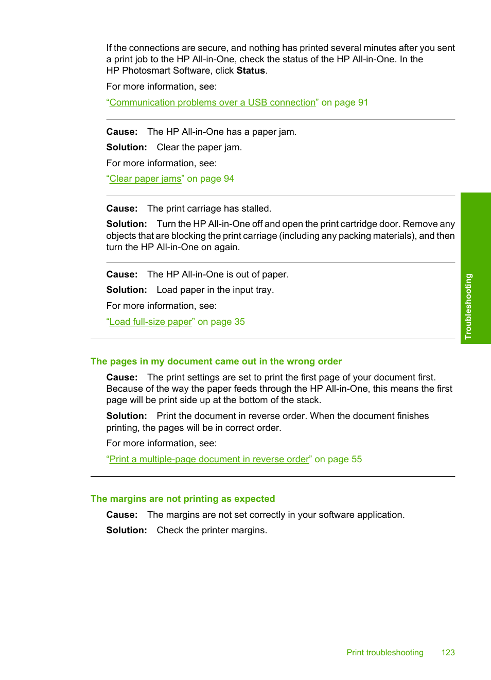 The margins are not printing as expected | HP Photosmart C4380 All-in-One Printer User Manual | Page 124 / 179