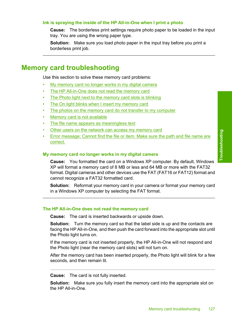 Memory card troubleshooting, Ra, or storage device, see, Memory card | HP Photosmart C4380 All-in-One Printer User Manual | Page 128 / 179