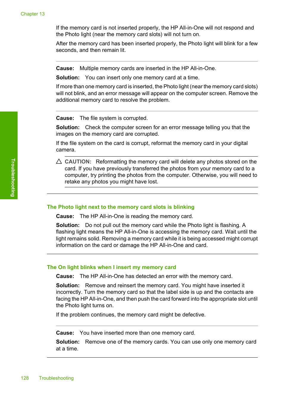 The on light blinks when i insert my memory card | HP Photosmart C4380 All-in-One Printer User Manual | Page 129 / 179