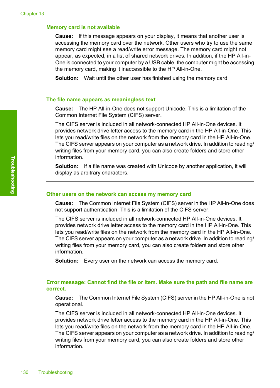 Memory card is not available, The file name appears as meaningless text | HP Photosmart C4380 All-in-One Printer User Manual | Page 131 / 179