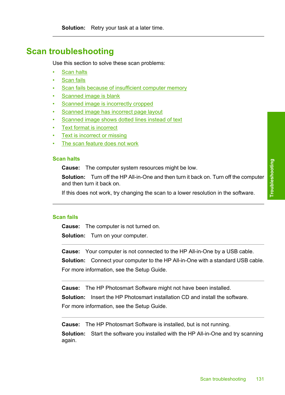 Scan troubleshooting | HP Photosmart C4380 All-in-One Printer User Manual | Page 132 / 179