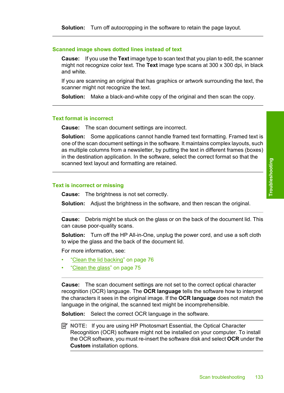Scanned image shows dotted lines instead of text, Text format is incorrect, Text is incorrect or missing | HP Photosmart C4380 All-in-One Printer User Manual | Page 134 / 179