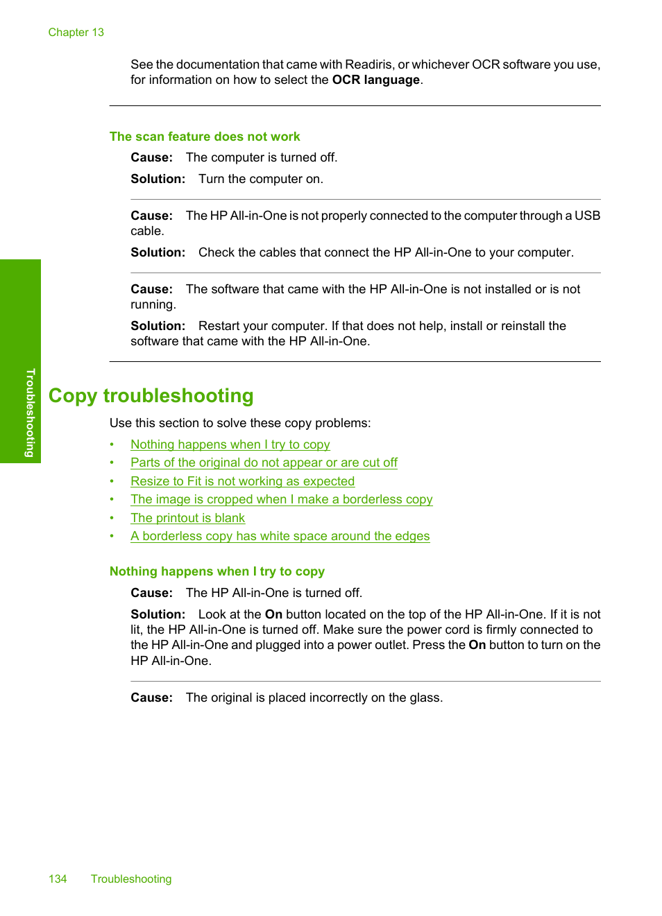 Copy troubleshooting, The scan feature does not work | HP Photosmart C4380 All-in-One Printer User Manual | Page 135 / 179