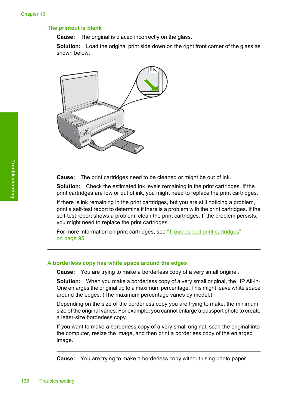 The printout is blank, A borderless copy has white space around the edges | HP Photosmart C4380 All-in-One Printer User Manual | Page 139 / 179