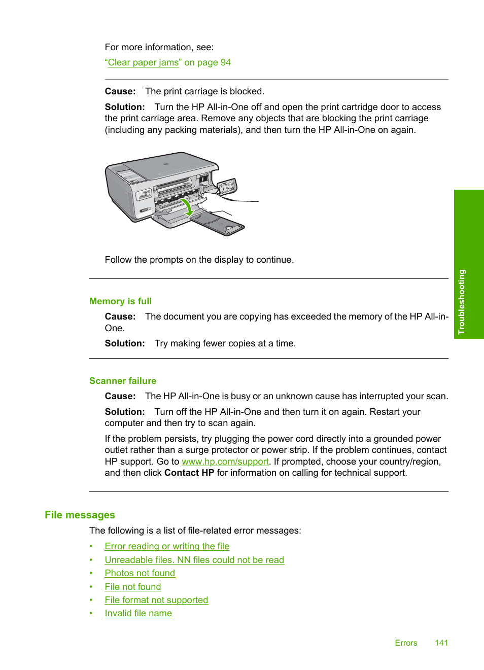 File messages, Memory is full, Scanner failure | HP Photosmart C4380 All-in-One Printer User Manual | Page 142 / 179