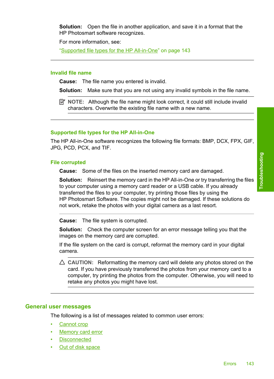 Supported file types for the hp all-in-one, General user messages, Invalid file name | HP Photosmart C4380 All-in-One Printer User Manual | Page 144 / 179