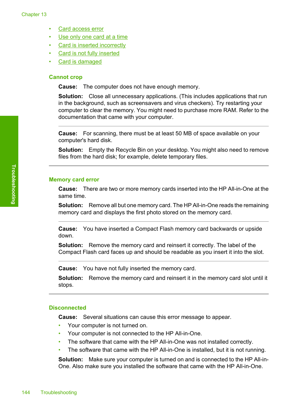 Cannot crop, Memory card error, Disconnected | HP Photosmart C4380 All-in-One Printer User Manual | Page 145 / 179