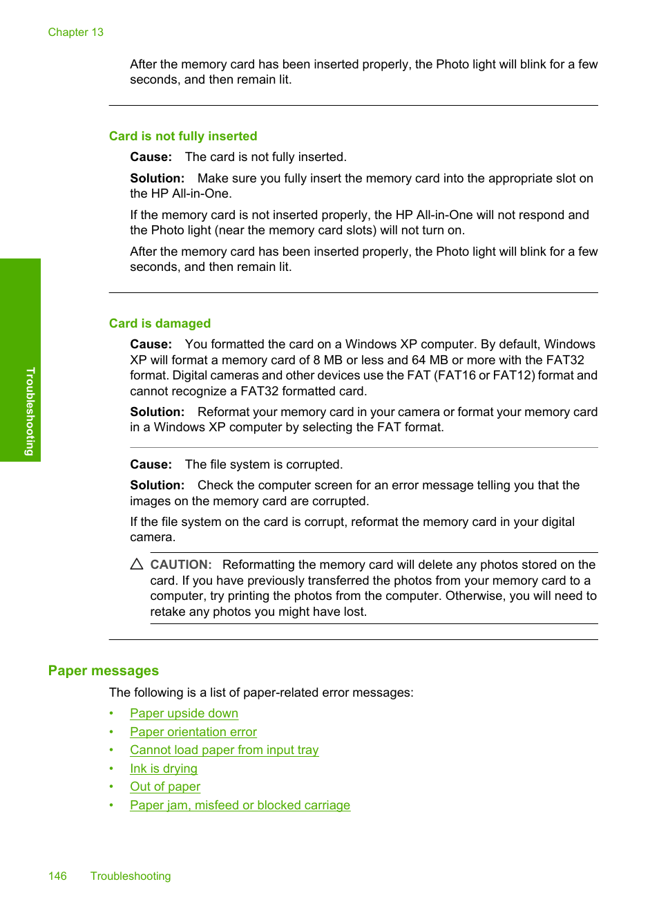 Paper messages, Card is not fully inserted, Card is damaged | HP Photosmart C4380 All-in-One Printer User Manual | Page 147 / 179