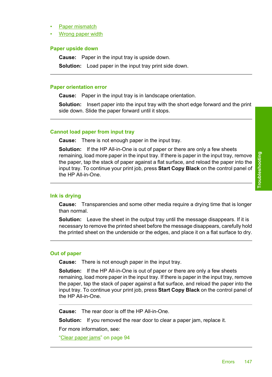 Paper upside down, Paper orientation error, Cannot load paper from input tray | Ink is drying, Out of paper | HP Photosmart C4380 All-in-One Printer User Manual | Page 148 / 179
