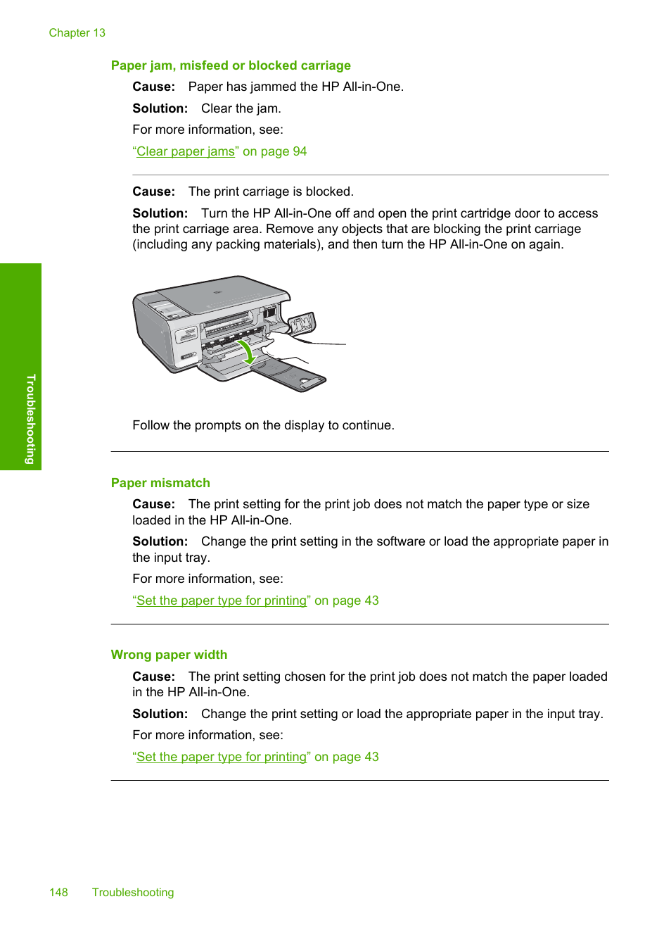 Paper jam, misfeed or blocked carriage | HP Photosmart C4380 All-in-One Printer User Manual | Page 149 / 179