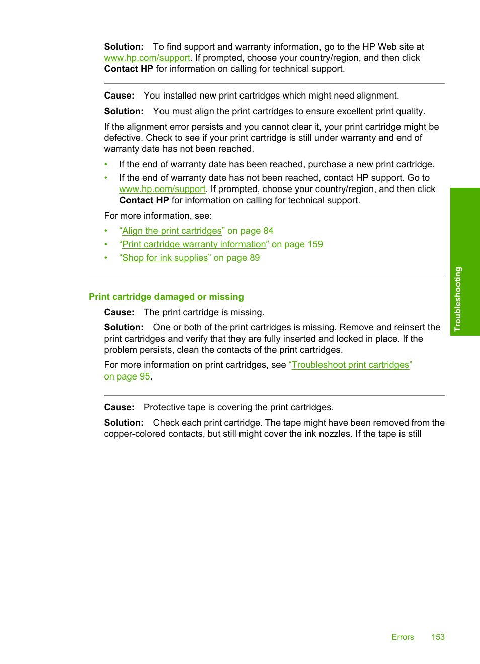 Print cartridge damaged or missing | HP Photosmart C4380 All-in-One Printer User Manual | Page 154 / 179