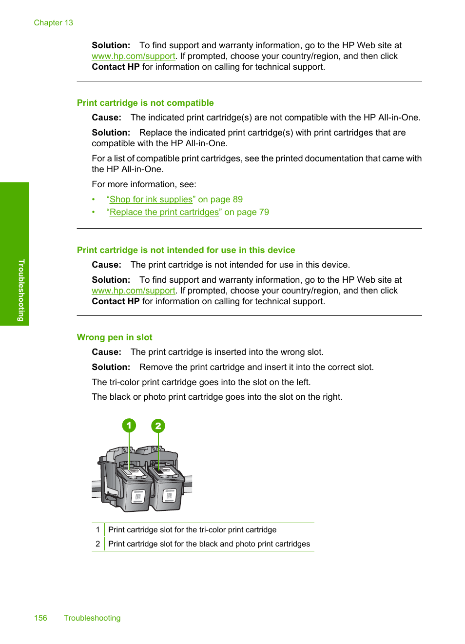 Print cartridge is not compatible, Wrong pen in slot | HP Photosmart C4380 All-in-One Printer User Manual | Page 157 / 179