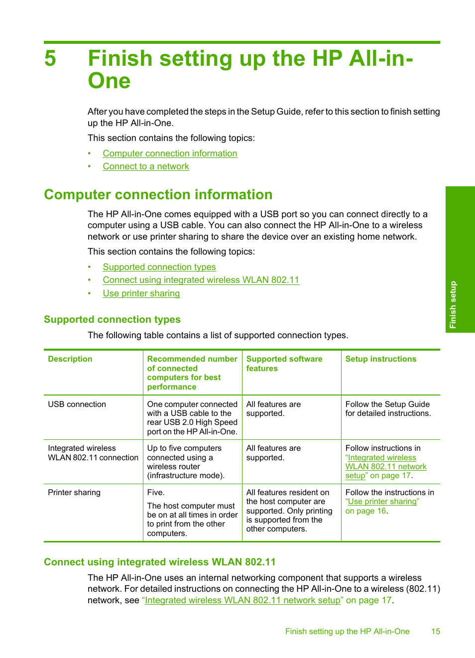 Finish setting up the hp all-in-one, Computer connection information, Supported connection types | Connect using integrated wireless wlan 802.11, 5 finish setting up the hp all-in-one, 5finish setting up the hp all-in- one | HP Photosmart C4380 All-in-One Printer User Manual | Page 16 / 179