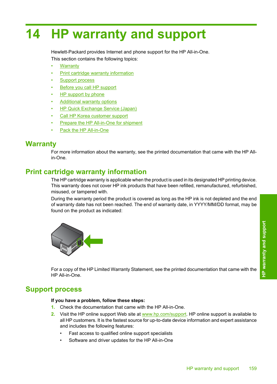 Hp warranty and support, Warranty, Print cartridge warranty information | Support process, 14 hp warranty and support | HP Photosmart C4380 All-in-One Printer User Manual | Page 160 / 179