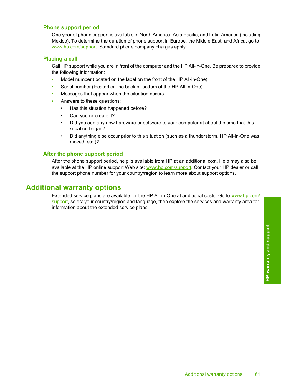 Phone support period, Placing a call, After the phone support period | Additional warranty options | HP Photosmart C4380 All-in-One Printer User Manual | Page 162 / 179