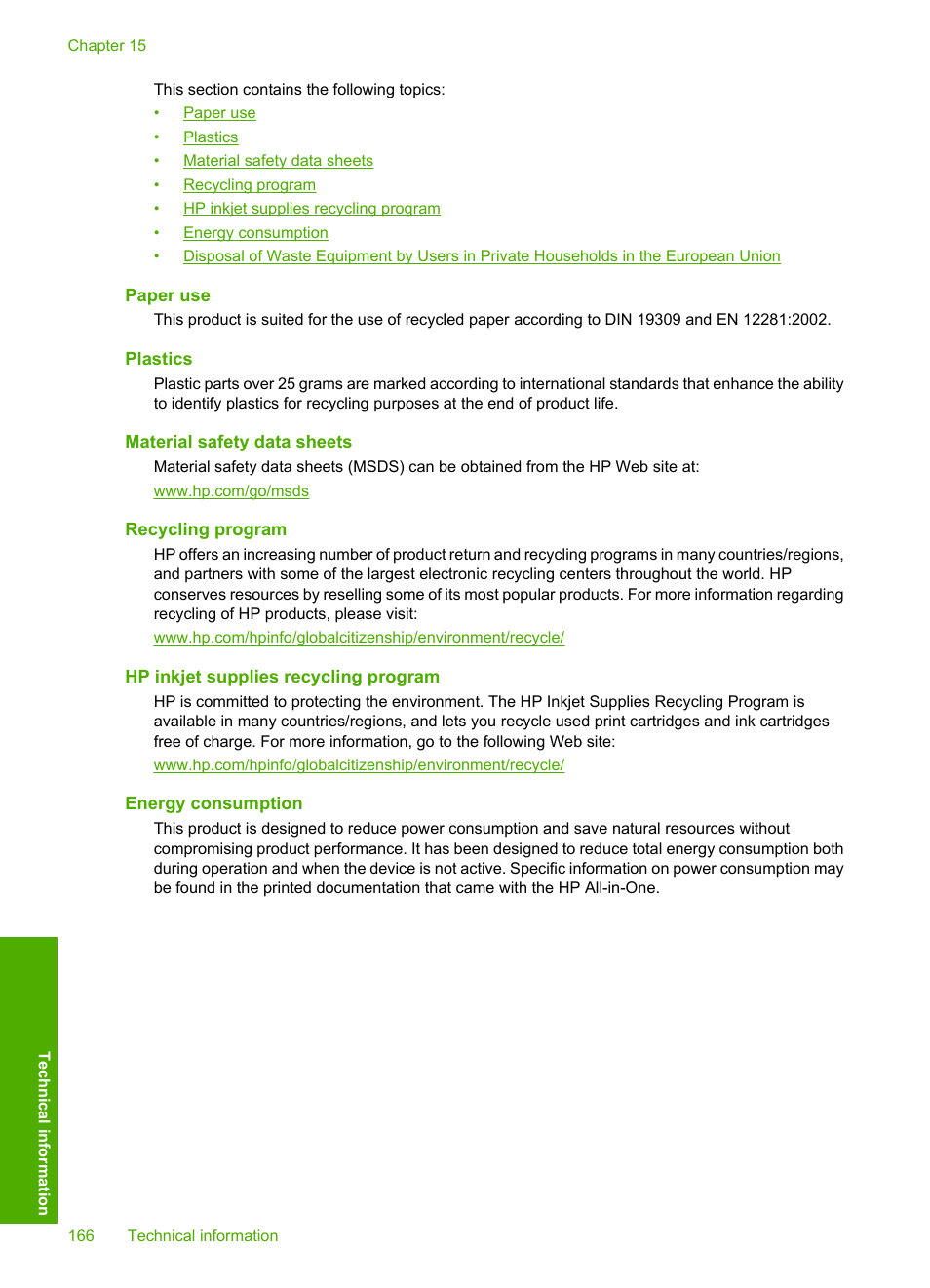 Paper use, Plastics, Material safety data sheets | Recycling program, Hp inkjet supplies recycling program, Energy consumption | HP Photosmart C4380 All-in-One Printer User Manual | Page 167 / 179