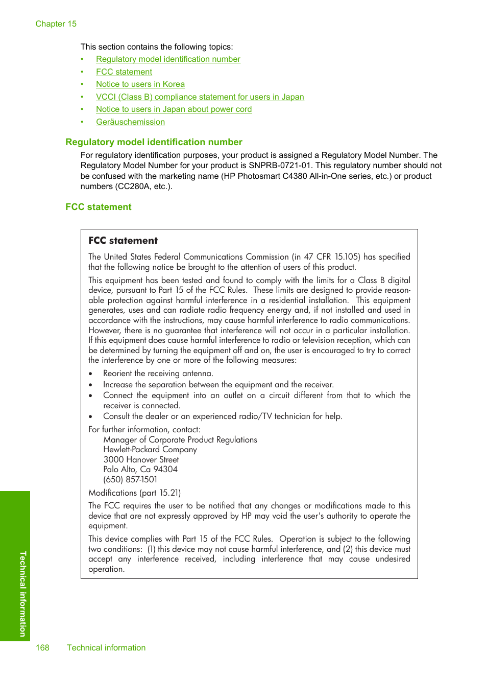 Regulatory model identification number, Fcc statement | HP Photosmart C4380 All-in-One Printer User Manual | Page 169 / 179