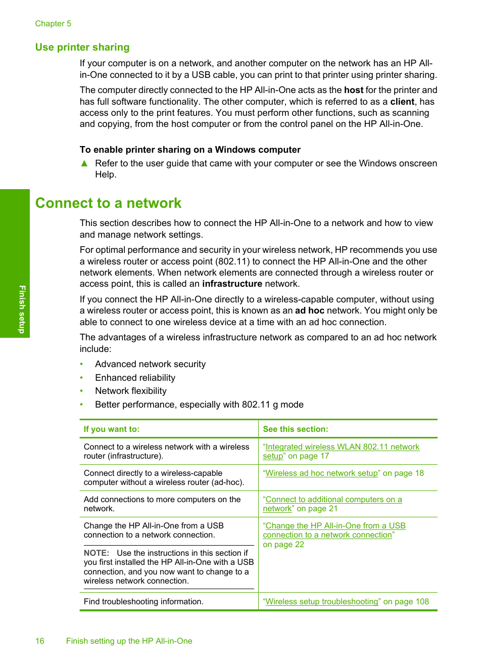 Use printer sharing, Connect to a network, Integrated wireless wlan 802.11 network setup | Wireless ad hoc network setup, Network glossary | HP Photosmart C4380 All-in-One Printer User Manual | Page 17 / 179