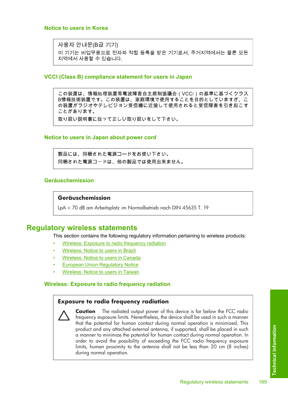 Notice to users in korea, Notice to users in japan about power cord, Geräuschemission | Regulatory wireless statements, Wireless: exposure to radio frequency radiation | HP Photosmart C4380 All-in-One Printer User Manual | Page 170 / 179