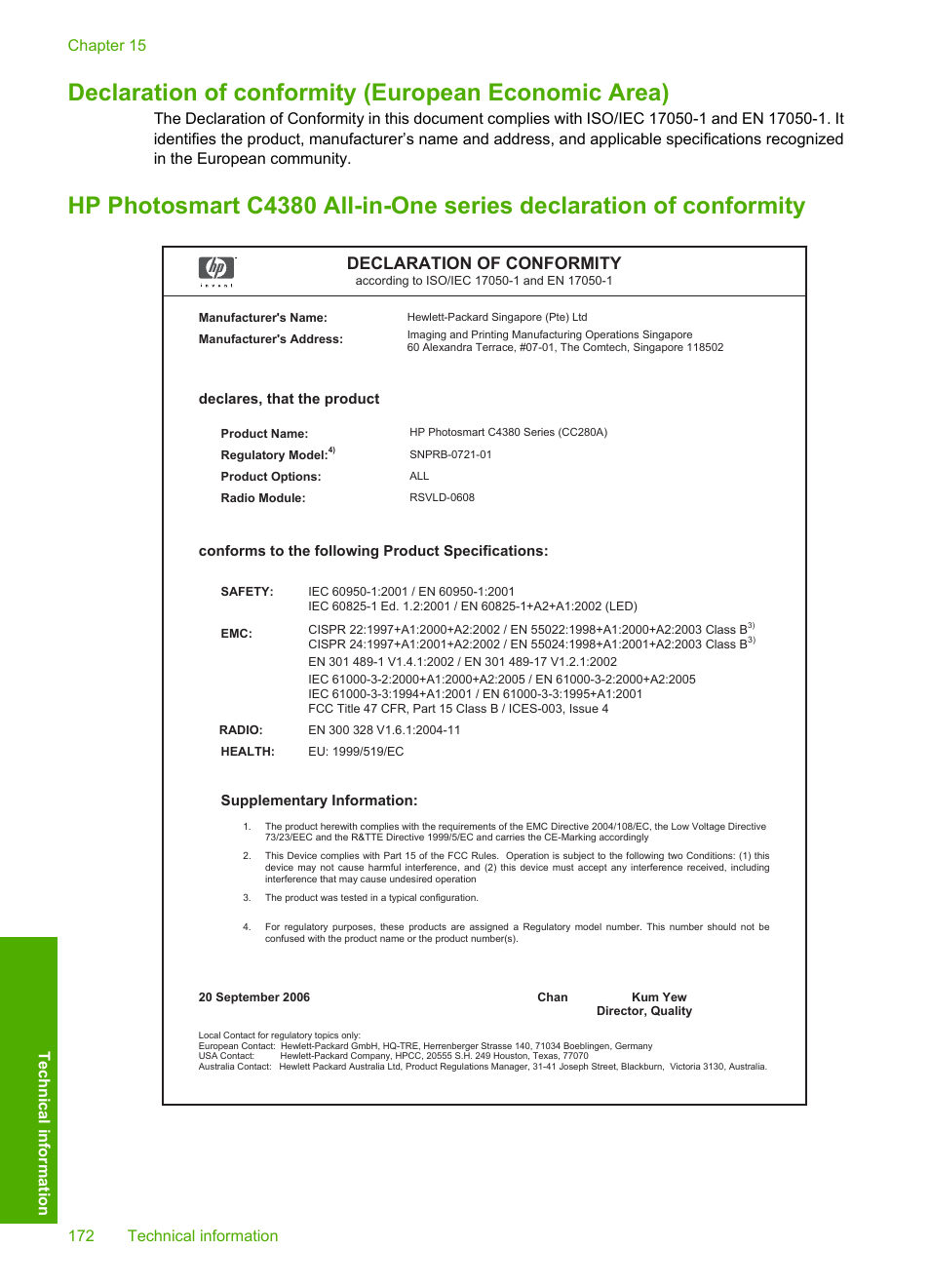 Declaration of conformity (european economic area), Declaration of conformity | HP Photosmart C4380 All-in-One Printer User Manual | Page 173 / 179