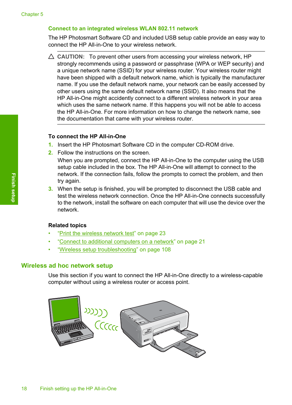 Wireless ad hoc network setup | HP Photosmart C4380 All-in-One Printer User Manual | Page 19 / 179