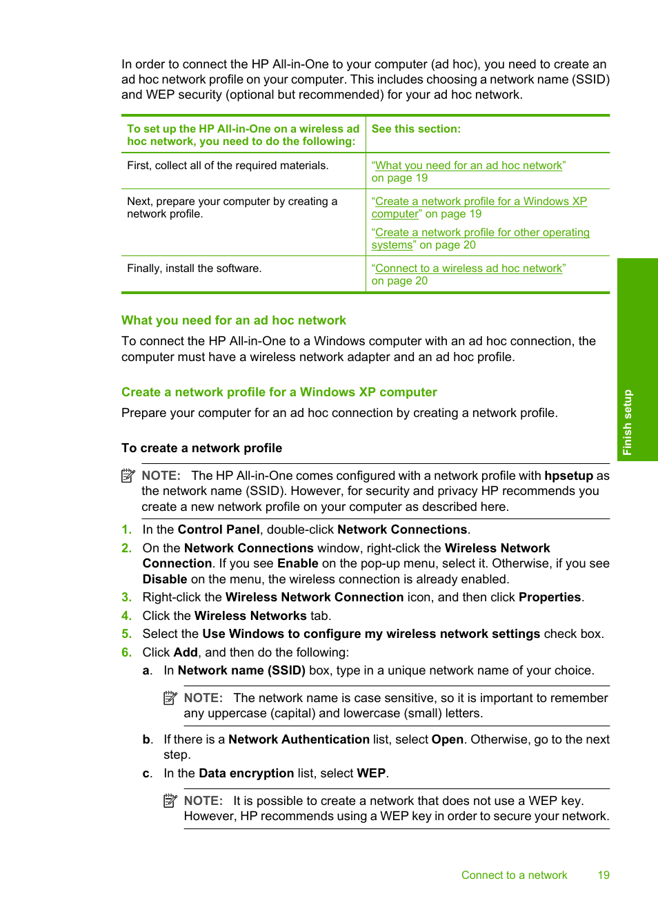 What you need for an ad hoc network, Create a network profile for a windows xp computer | HP Photosmart C4380 All-in-One Printer User Manual | Page 20 / 179