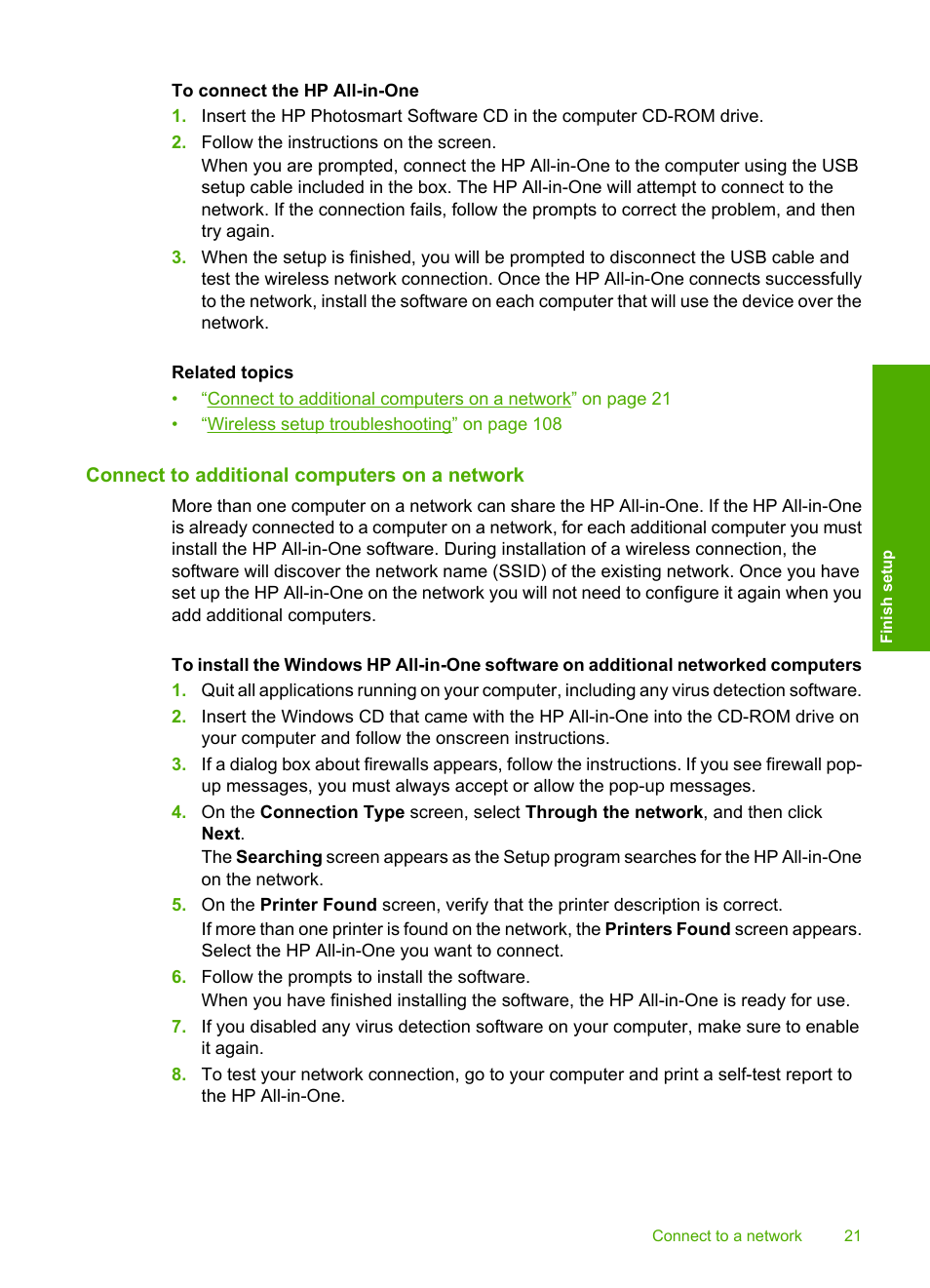 Connect to additional computers on a network | HP Photosmart C4380 All-in-One Printer User Manual | Page 22 / 179