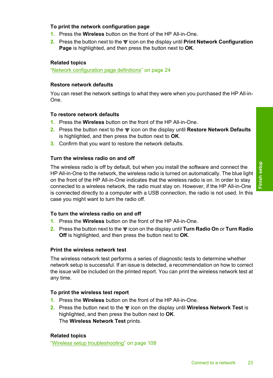 Restore network defaults, Turn the wireless radio on and off, Print the wireless network test | HP Photosmart C4380 All-in-One Printer User Manual | Page 24 / 179