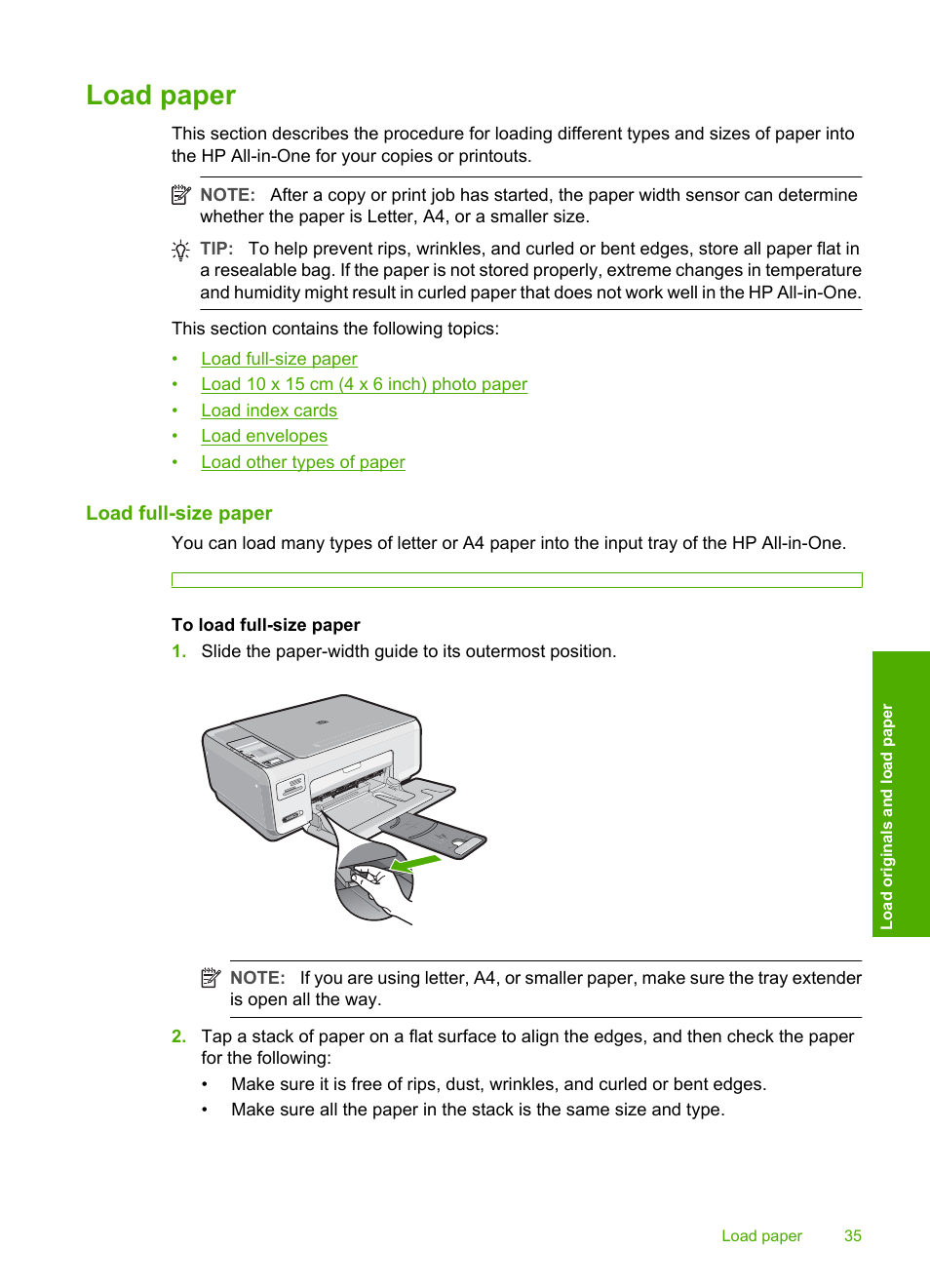 Load paper, Load full-size paper | HP Photosmart C4380 All-in-One Printer User Manual | Page 36 / 179