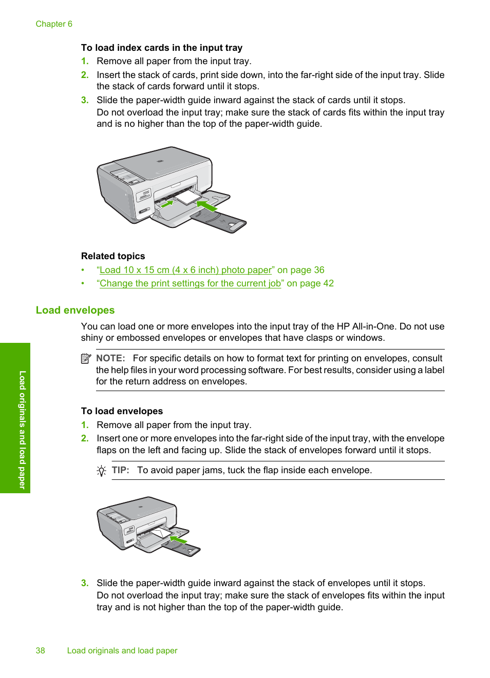 Load envelopes | HP Photosmart C4380 All-in-One Printer User Manual | Page 39 / 179