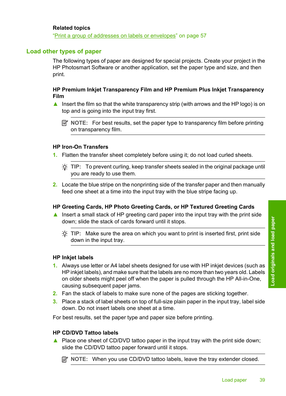 Load other types of paper | HP Photosmart C4380 All-in-One Printer User Manual | Page 40 / 179