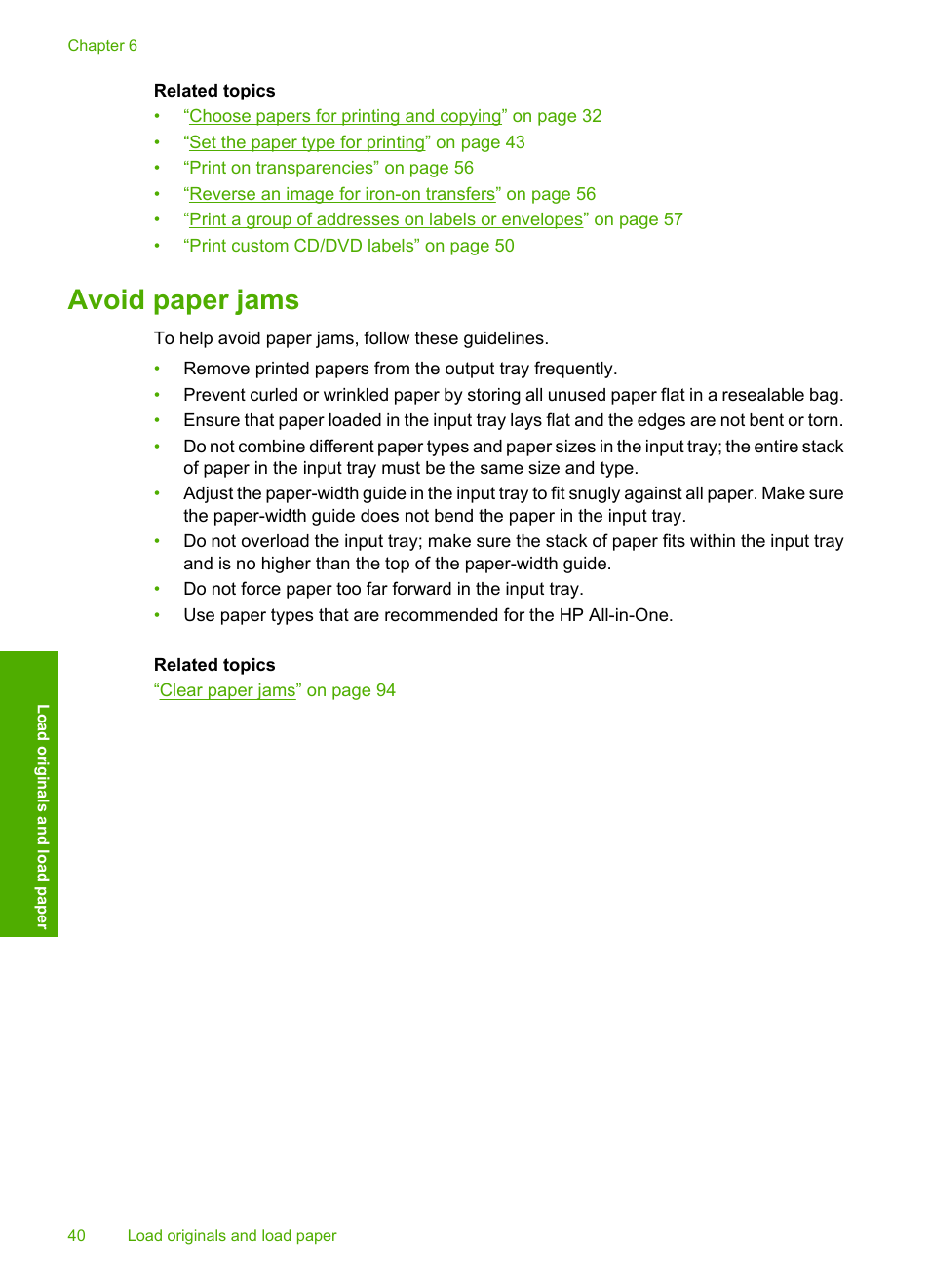 Avoid paper jams | HP Photosmart C4380 All-in-One Printer User Manual | Page 41 / 179