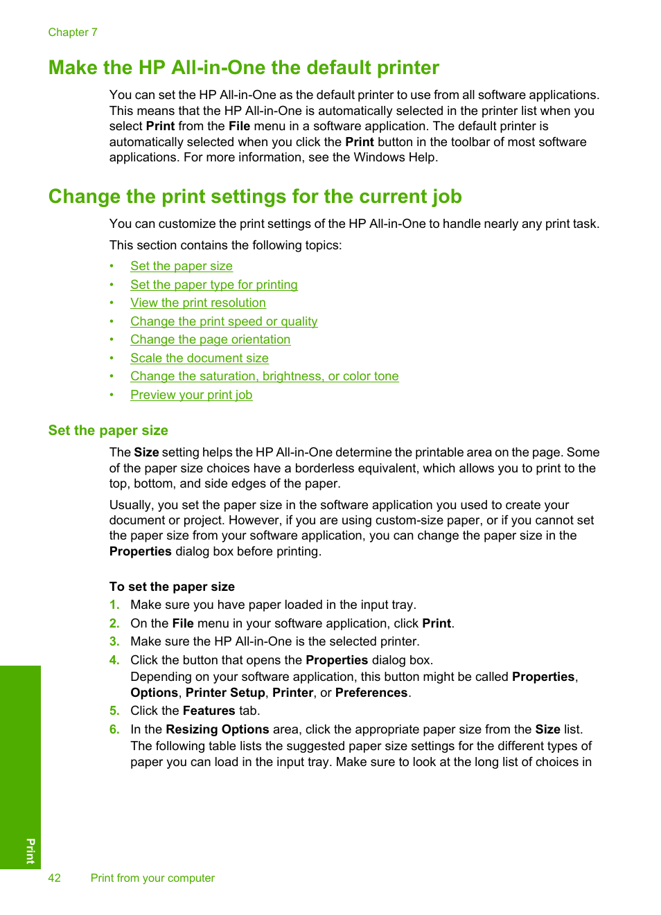 Make the hp all-in-one the default printer, Change the print settings for the current job, Set the paper size | HP Photosmart C4380 All-in-One Printer User Manual | Page 43 / 179