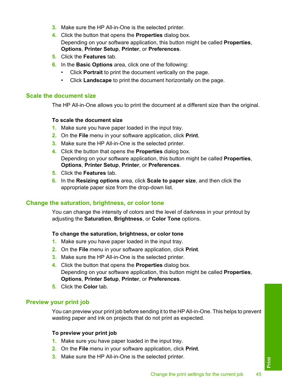Scale the document size, Change the saturation, brightness, or color tone, Preview your print job | HP Photosmart C4380 All-in-One Printer User Manual | Page 46 / 179