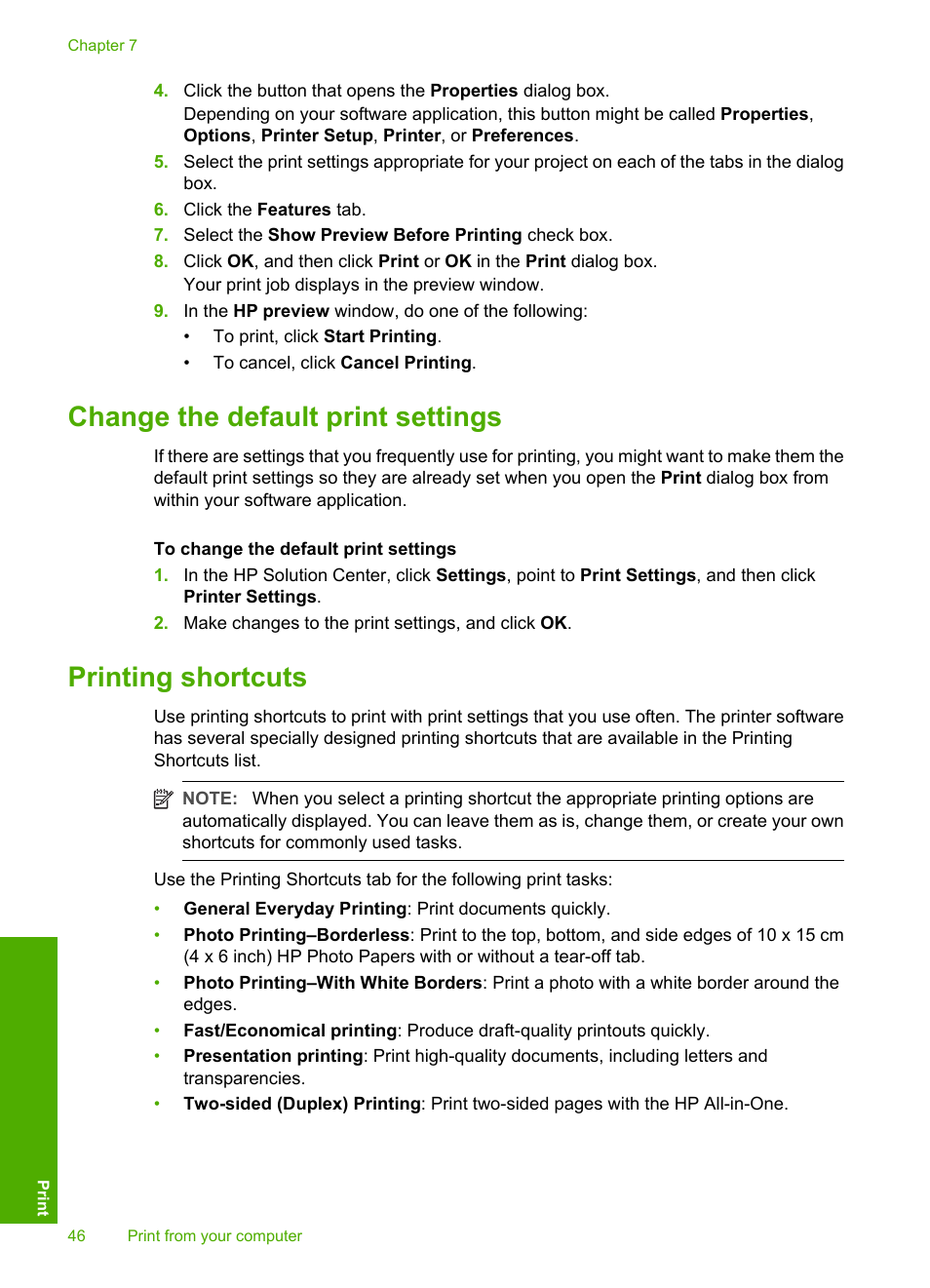 Change the default print settings, Printing shortcuts | HP Photosmart C4380 All-in-One Printer User Manual | Page 47 / 179