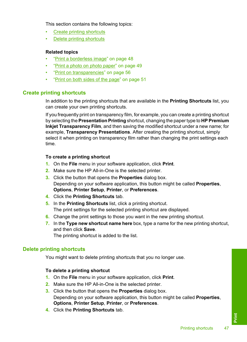 Create printing shortcuts, Delete printing shortcuts | HP Photosmart C4380 All-in-One Printer User Manual | Page 48 / 179