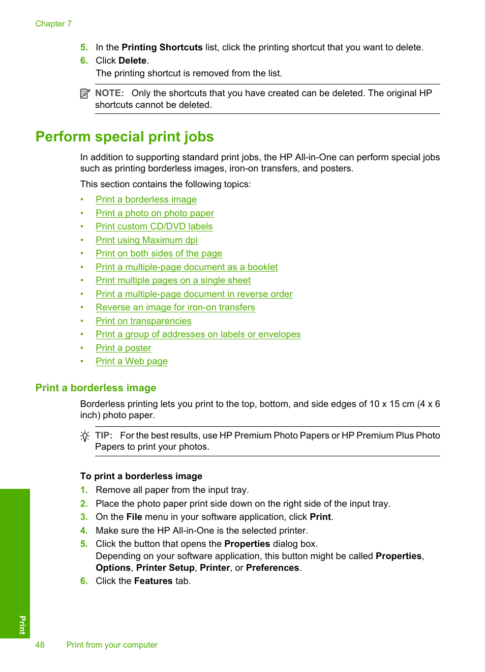 Perform special print jobs, Print a borderless image | HP Photosmart C4380 All-in-One Printer User Manual | Page 49 / 179